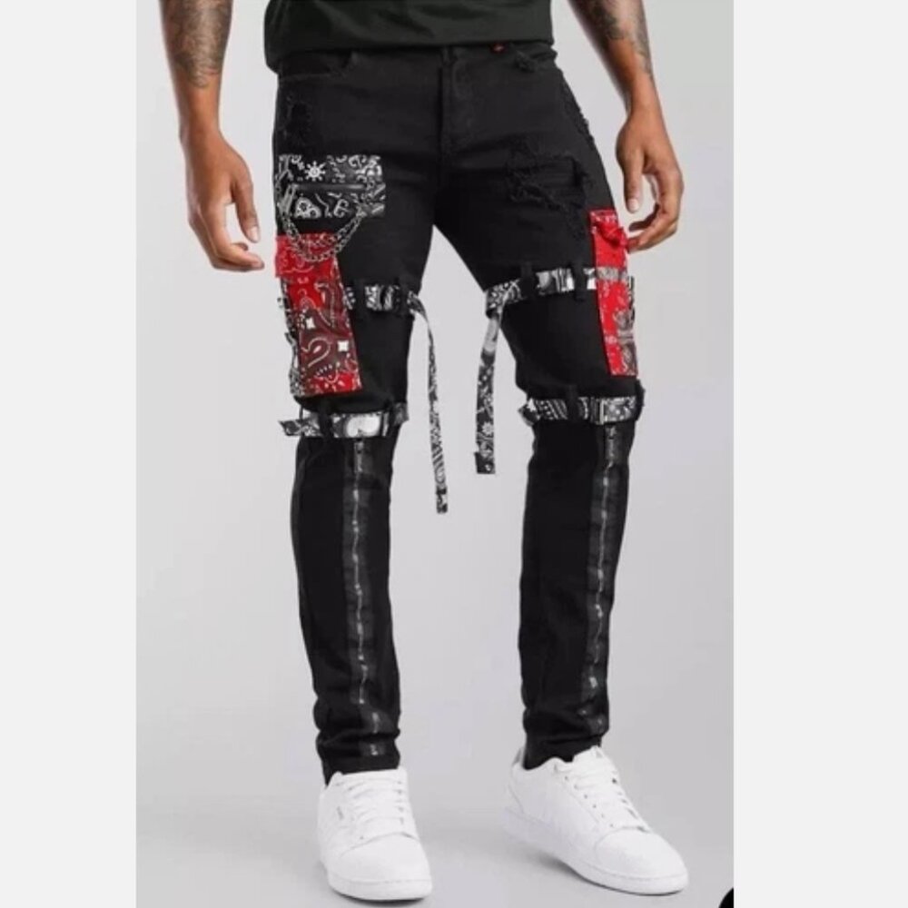 Men's Size 40x34 INDIGO BLUE JEANS Distressed with Red Straps By Brand Preme New